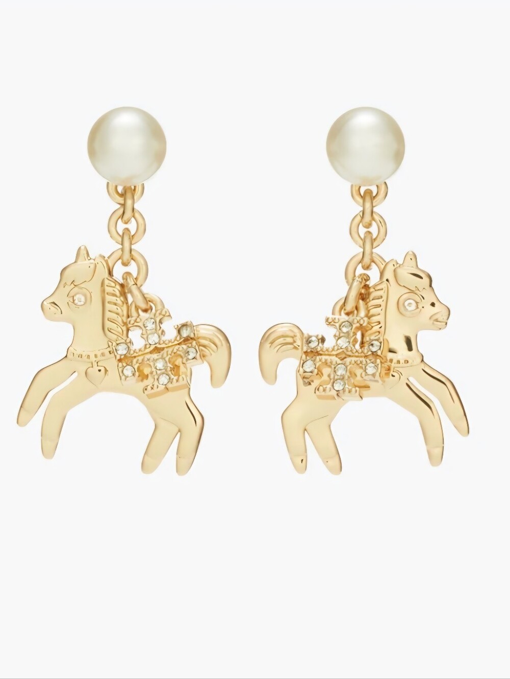 Tory Burch Gold Tone Curiosity Horse Charm Pearl Drop Earrings. Limited EDITION